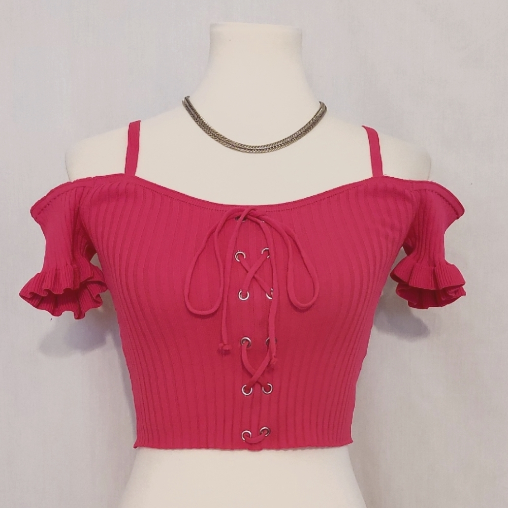 New Look Pink Off-the Shoulder Ribbed Crop Top